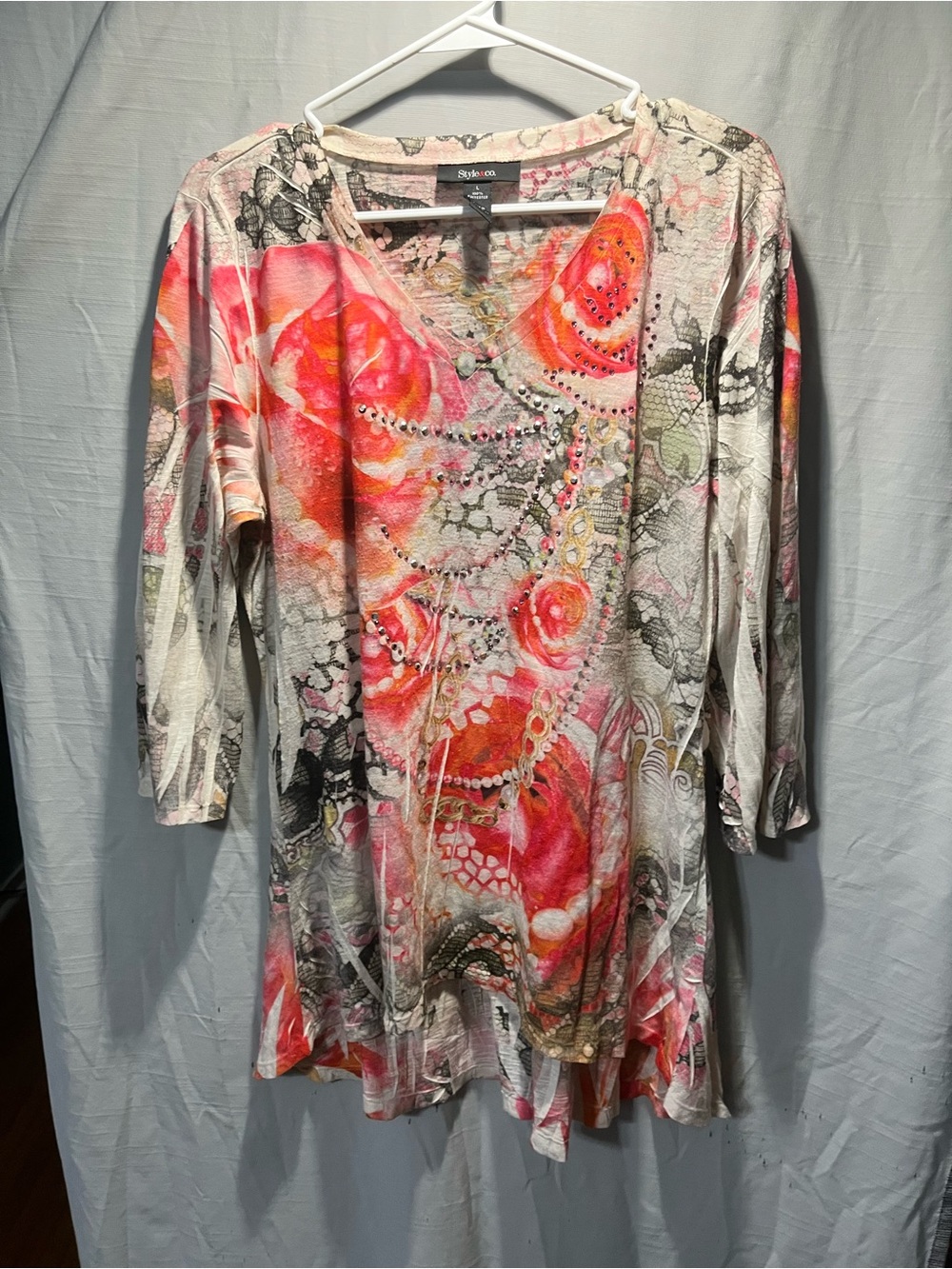 Style & Co. Coral Pink Floral V-Neck Tunic with Embellished Detail